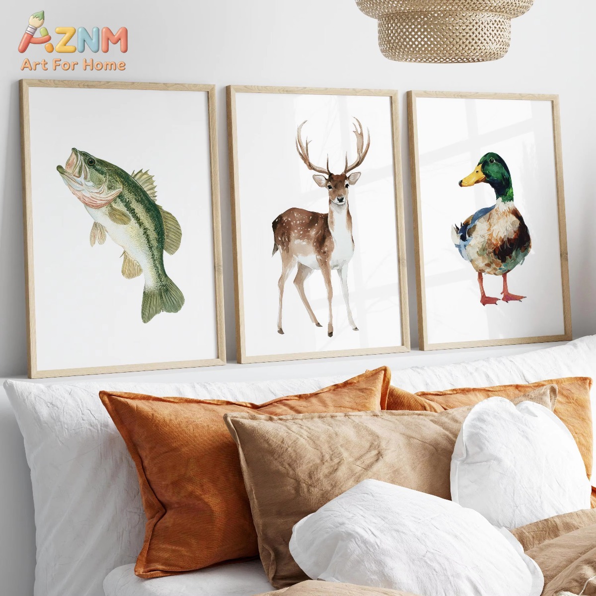 Hunting Outdoor Decor - AZNM 水彩画狩猟と釣りアートポスターキャンバスプリントマガモ魚と鹿プリント屋外テーマ保育園壁装飾