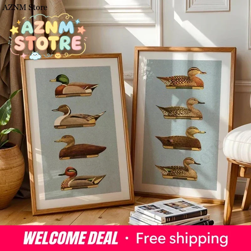 Hunting Outdoor Decor - レトロなアヒルプリントの屋外アート、アヒルデコイポスター、アウトドア風ウォールプリント、ホームオフィス装飾、自然ウォールアート、ハンティングギフト